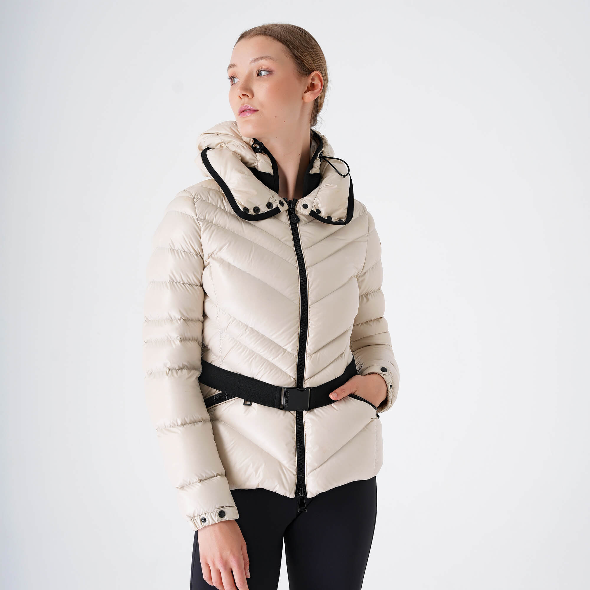 Moncler - Cream Chevron Nylon Hoodie Puffer Caot